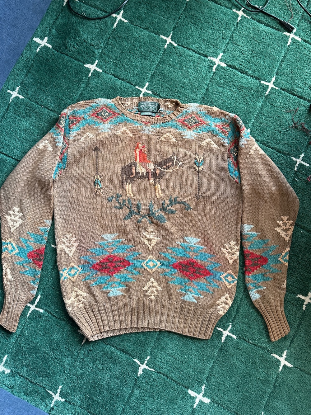 Ralph Lauren Handknitted Southwest Horse Rider Native American Theme Sweater XL